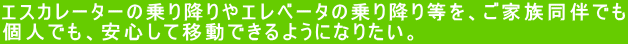 エスカレーターの乗り降りやエレベータの乗り降り等を、ご家族同伴でも 個人でも、安心して移動できるようになりたい。
